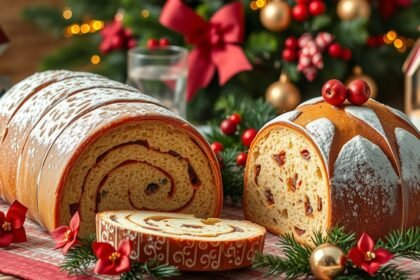 Karácsonyi stollen és panettone ünnepi sütemények asztalon.