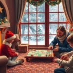 Családi társasjáték karácsony estéjén, vidám hangulatban.