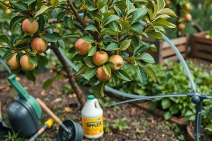 Almafa gondozása tápanyagokkal és eszközökkel.