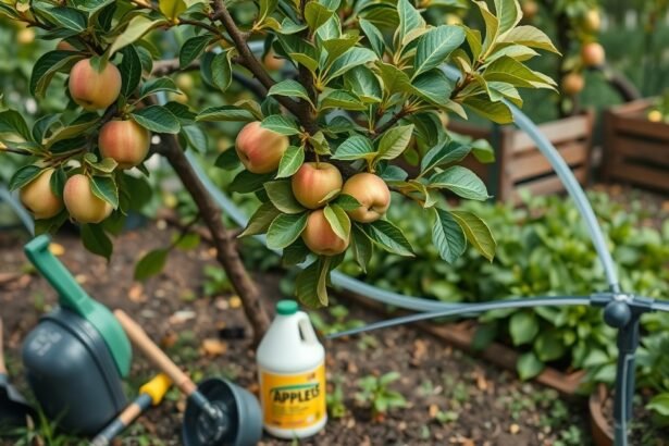 Almafa gondozása tápanyagokkal és eszközökkel.