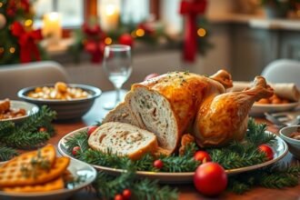 Karácsonyi töltött csirke és ünnepi vacsora asztal dekorációval