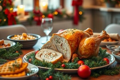 Karácsonyi töltött csirke és ünnepi vacsora asztal dekorációval