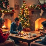 Karácsonyi társasjátékot játszó család a kandalló mellett