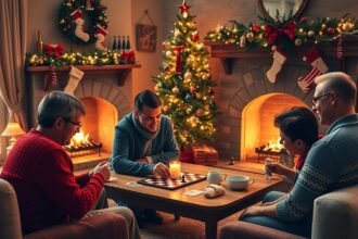 Karácsonyi társasjátékot játszó család a kandalló mellett