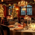 Karácsonyi vacsora étteremben ünnepi díszítéssel.