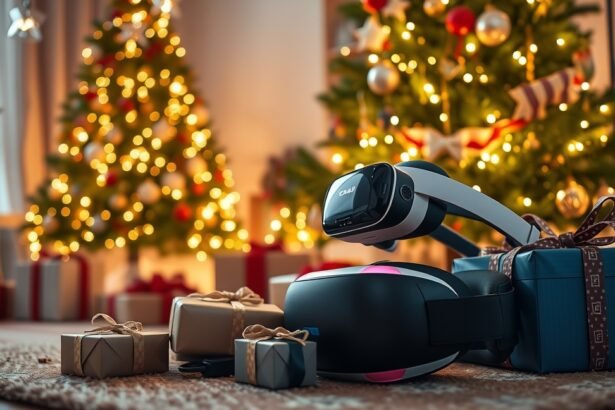 Karácsonyi VR headset díszdobozok mellett, hátterében fenyőfa