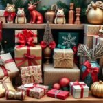 Kézműves karácsonyi ajándékok díszes csomagolásban ünnepi dekorációval.
