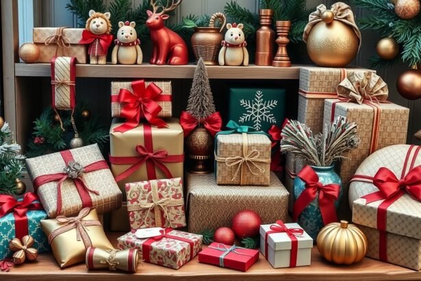 Kézműves karácsonyi ajándékok díszes csomagolásban ünnepi dekorációval.