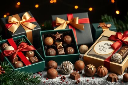 Kézműves karácsonyi csokoládék díszdobozokban ünnepi hangulatban.