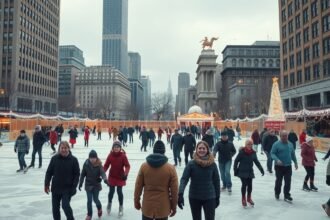 Emberek korcsolyáznak egy városi jégpályán télen.