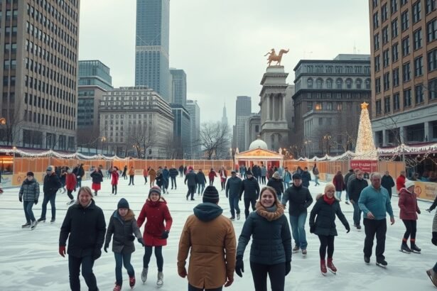 Emberek korcsolyáznak egy városi jégpályán télen.