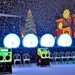 Kültéri hógépek ünnepi díszítés alatt, havazás közben.