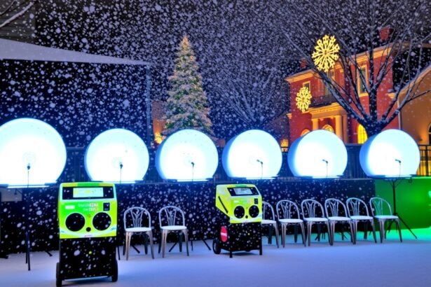 Kültéri hógépek ünnepi díszítés alatt, havazás közben.