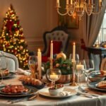 Elegáns karácsonyi vacsora teríték egy gyönyörű otthonban.