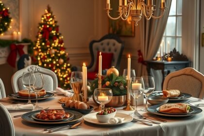 Elegáns karácsonyi vacsora teríték egy gyönyörű otthonban.