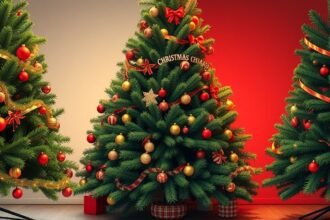 Karácsonyi műfenyők díszítve piros és arany dekorációval