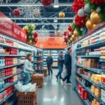 Szilveszteri bevásárlás a jellegzetes ünnepi dekorációkkal.