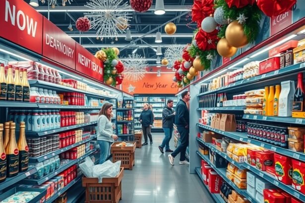 Szilveszteri bevásárlás a jellegzetes ünnepi dekorációkkal.