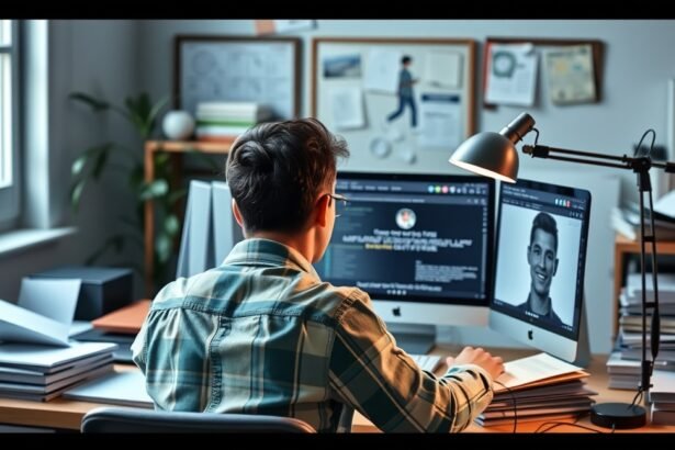 Fiatal férfi online kurzust tanulmányoz, számítógép előtt ülve.