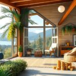 Modern nyaraló belső tér kilátással a hegyekre és a tóra