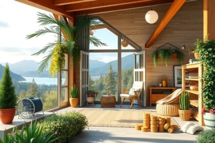 Modern nyaraló belső tér kilátással a hegyekre és a tóra