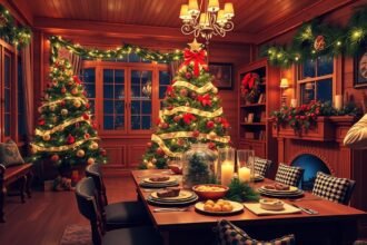 Karácsonyi buli dekorációk otthon, ünnepi étkezés asztal.