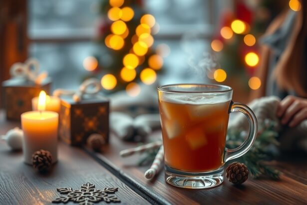 Téli rumos ital meleg, fűszeres ízekkel, karácsonyi dekoráció mellett.