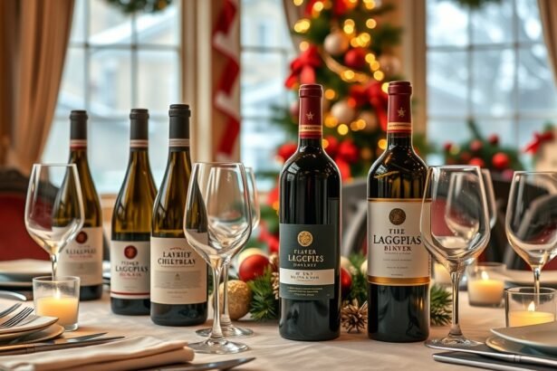 Prémium borok karácsonyi asztalon ünnepi díszítéssel.