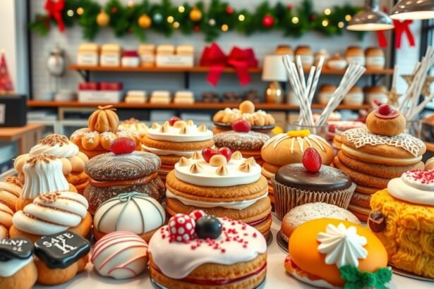 Karácsonyi édességek és sütemények a pékségben az ünnepi időszakban.