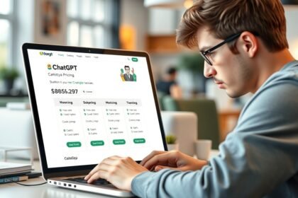 Felhasználó a ChatGPT árainak ellenőrzésénél egy laptopon.