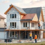 Új családi ház építése, munkások dolgoznak a kivitelezés során.