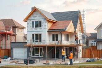 Új családi ház építése, munkások dolgoznak a kivitelezés során.