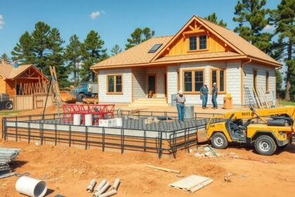 Új ház alapozása építés alatt, dolgozókkal és gépekkel