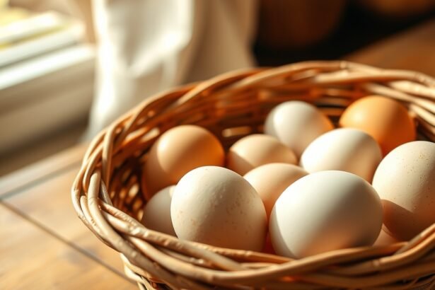 Friss házi tojások kosárban a napfényben.