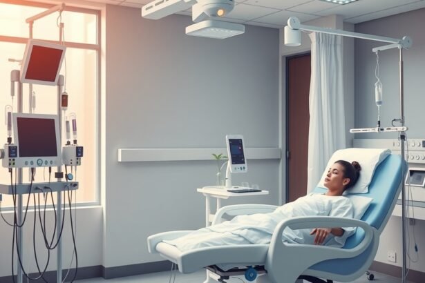 Beteg kemoterápiás kezelés alatt egy modern kórház szobában.
