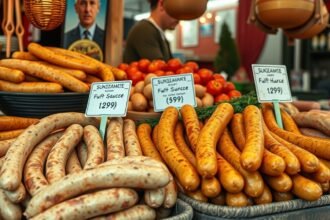 Hurka és húsáruk a piacon, árakkal jelölve.