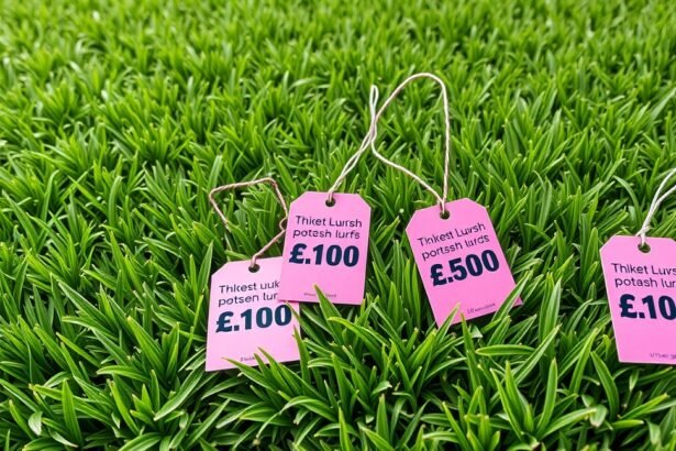 Holland pázsit árak jelzők között zöld fű háttérrel.