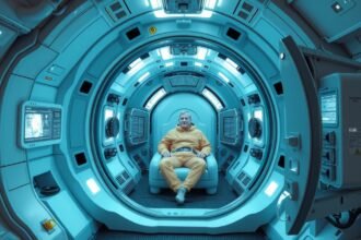 Asztronauto hibernálás közben egy futurisztikus környezetben.