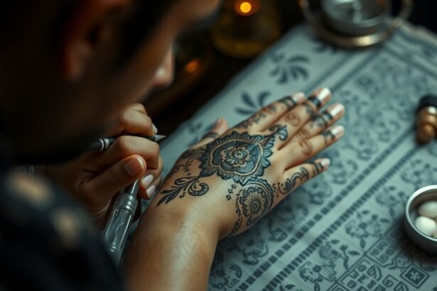 Henna tetoválás készítése, részletes virágminták a kézen.