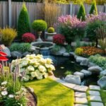 Színes virágokkal és vízeséssel rendelkező modern kert