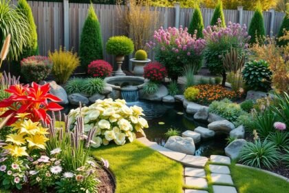 Színes virágokkal és vízeséssel rendelkező modern kert