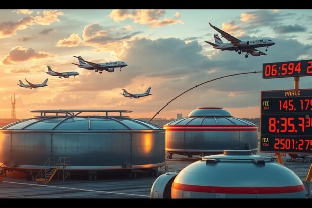 Kerozin tárolók és induló repülőgépek egy repülőtéren naplementében