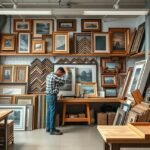 Képkeretező bolt, ahol különböző keretek és képek találhatók.