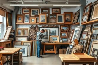 Képkeretező bolt, ahol különböző keretek és képek találhatók.