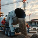 Mixerbeton szállítás építkezésen, munkások a helyszínen.