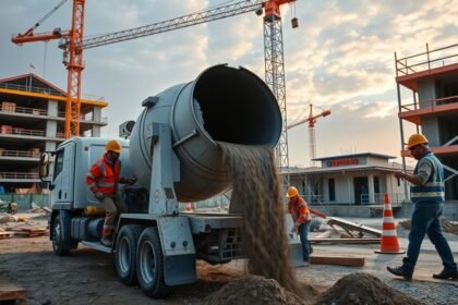 Mixerbeton szállítás építkezésen, munkások a helyszínen.