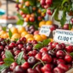 Friss meggy és gyümölcsök a piacon, árat jelző táblával.