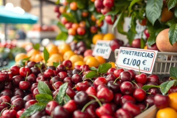 Friss meggy és gyümölcsök a piacon, árat jelző táblával.