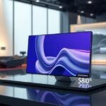 Samsung monitor kiállításon, háttérben üzlethelyiség