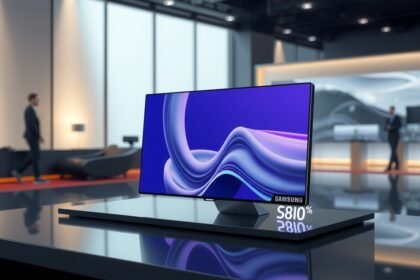Samsung monitor kiállításon, háttérben üzlethelyiség